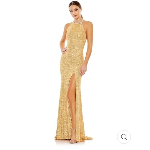 Mac Duggal SEQUINED HIGH NECK RHINESTONE TRIM COLUMN GOWN size 6 NEW Sold Out - Picture 1 of 16
